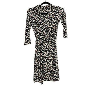 Talbots Floral Wrap A-Line Dress VN784 black white orange